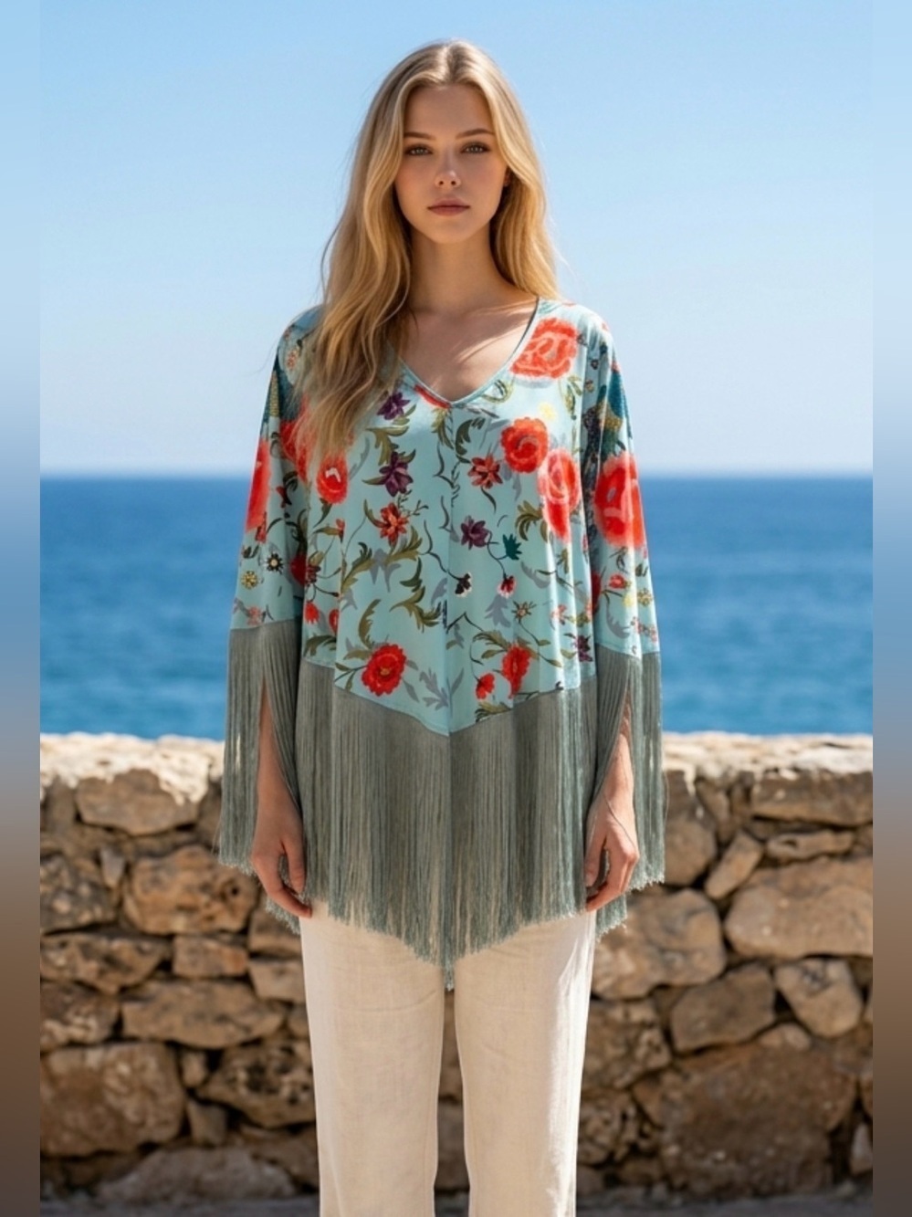 Light Blue Floral Fringe V-Neck Women's Top